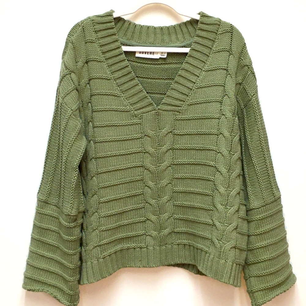 SOVERE Chunky Knit Sweater Small Green Oversized Wide Sleeve Casual Cozy